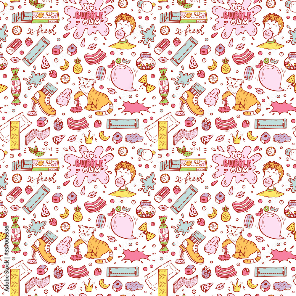 Bubble Gum Vector Seamless pattern. Hand Drawn Doodle Chewing Gums and Candy. Sweets Colorful background
Bubble Gum Vector Seamless pattern. Hand Drawn Doodle Chewing Gums and Candy. Sweets Colorful background