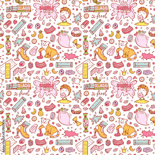 Bubble Gum Vector Seamless pattern. Hand Drawn Doodle Chewing Gums and Candy. Sweets Colorful background

