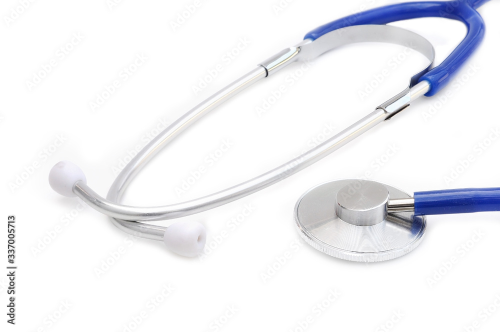 Doctor stethoscope blue rubber for check up patient heartbeat for diagnose disease, close up part of doctor stethoscope isolated on white with copy space for text. Doctor stethoscope blue rubber for check up patient heartbeat for diagnose disease, close up part of doctor stethoscope isolated on white with copy space for text.