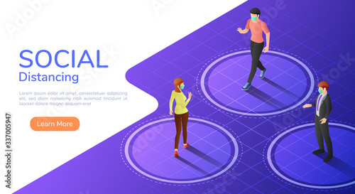 Isometric web banner people keep distance between each other to avoid spreading COVID-19 Virus