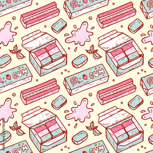 Sweets. Chewing Gum Seamless pattern. Hand Drawn Doodle Bubble Gums. Vector illustration
