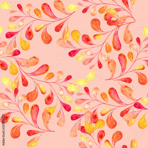 Orange-red watercolour branches on pink background. Floral seamless pattern  tender textile print  spring wallpaper design.