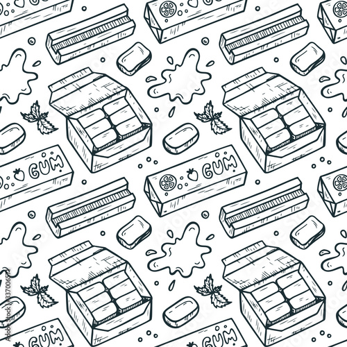 Sweets. Chewing Gum Seamless pattern. Hand Drawn Doodle Bubble Gums. Black and white Vector illustration
