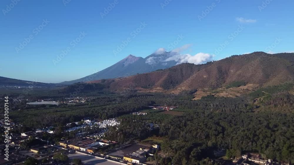 Aerial Fly over Antigua towards Volcan De Fuego Volcano. Aerial Fly over Antigua towards Volcan De Fuego Volcano.