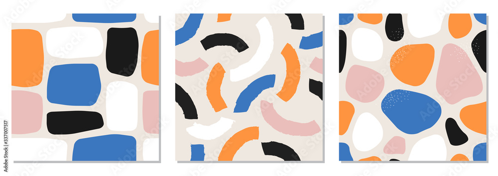 Set of trendy hand drawn organic shapes seamless repeating patterns