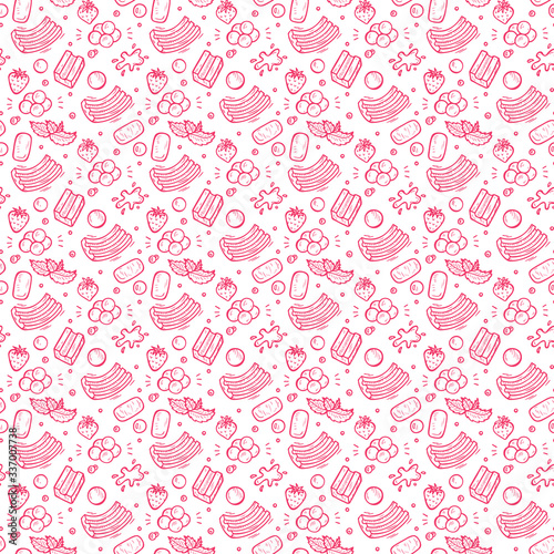 Sweets. Strawberry and Mint Bubble Gum Seamless pattern. Hand Drawn Doodle Chewing Gums. Pink Vector illustration 