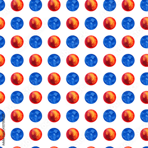 Pattern watercolor circles of red-yellow and blue. Watercolor hand drawing