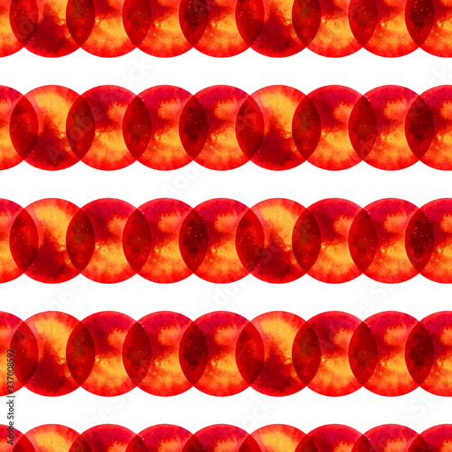 Pattern with red-yellow watercolor circles. Watercolor hand drawing. Watercolor hand drawing