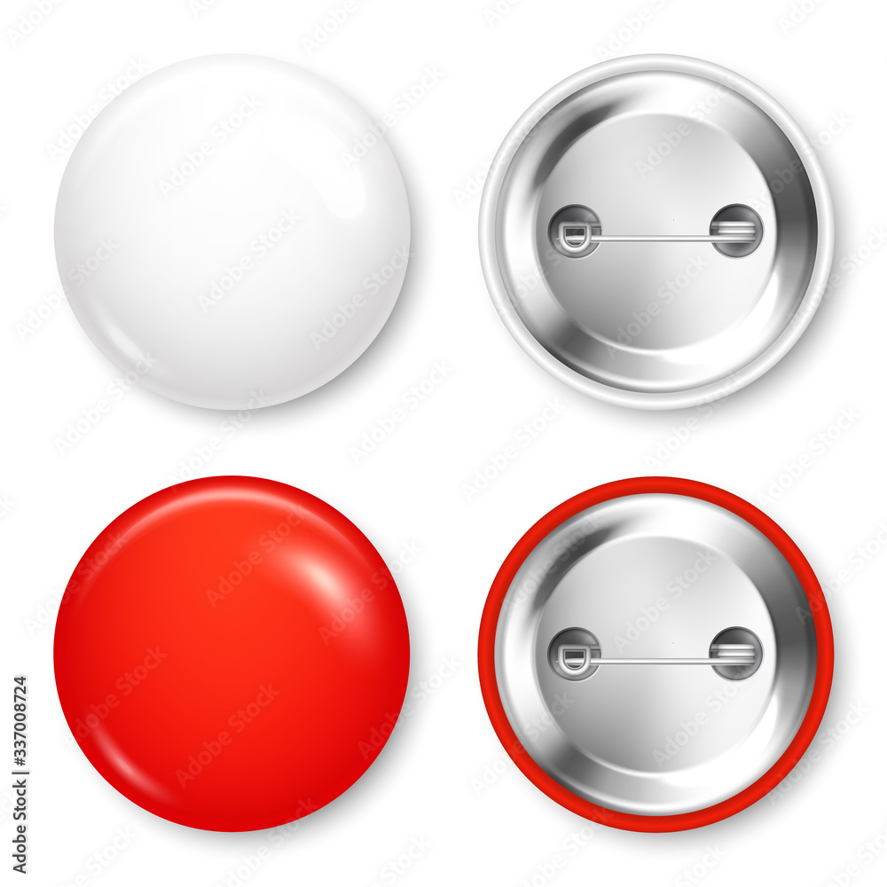 Realistic blank badges collection. 3D glossy round button. Pin badge mockup. Vector illustration. Realistic blank badges collection. 3D glossy round button. Pin badge mockup. Vector illustration.