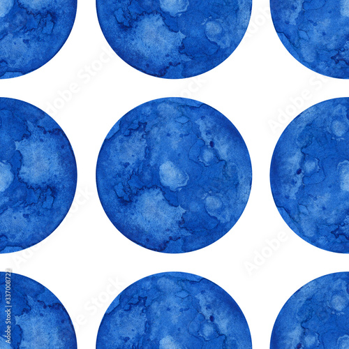 Pattern with blue watercolor circles. Watercolor hand drawing