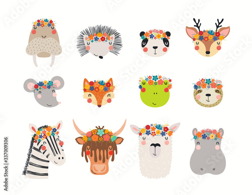 Fototapeta Naklejka Na Ścianę i Meble -  Big set with cute funny animals in flower crowns. Hand drawn vector illustration. Isolated objects on white background. Scandinavian style flat design. Concept for children spring, summer print.