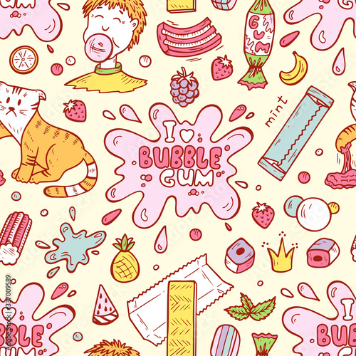 Bubble Gum Seamless pattern. Hand Drawn Doodle Chewing Gums. I love bubble gum. Sweets. Vector illustration
