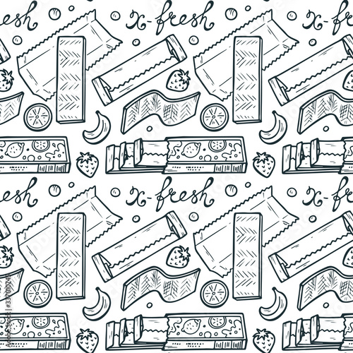 Sweets. Chewing Gum Seamless pattern. Hand Drawn Doodle Bubble Gums. Black and White Vector illustration
