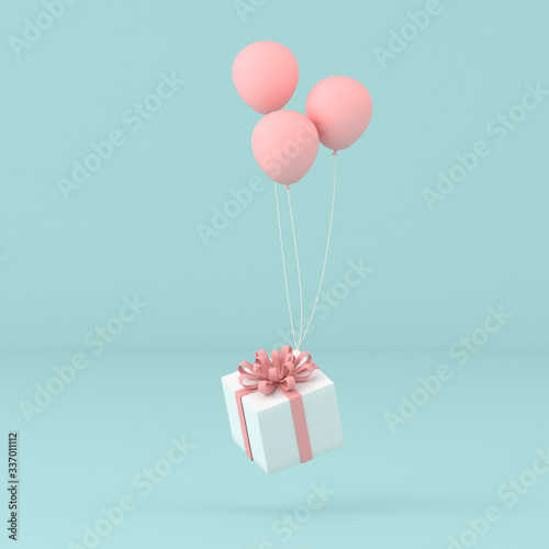 minimal conceptual idea of present box floating by balloons on pastel background. 3D rendering  © nuchao