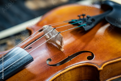 Close up of violin strings with shallow depth of field. Antique music instrument. Music concept background