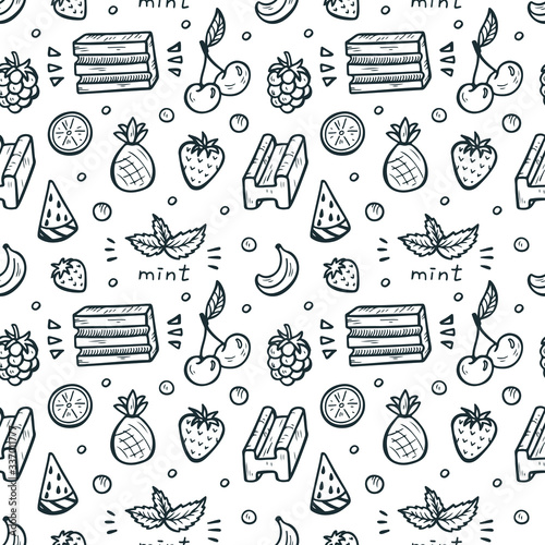 Sweets. Berries, Fruits and Bubble Gums Seamless pattern. Hand Drawn Doodle Chewing Gum. Black and White Vector illustration