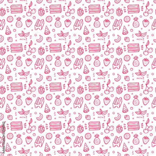Sweets. Berries, Fruits and Bubble Gums Seamless pattern. Hand Drawn Doodle Chewing Gum. Pink Vector illustration