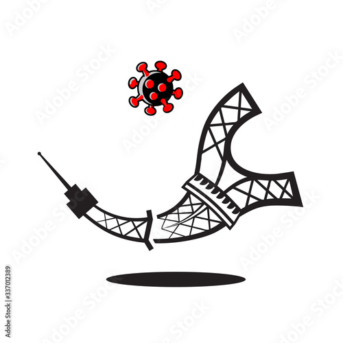 Paris Tower falling in attempt to kick cell of coronavirus covid-19. Vector french symbol in fight against coronavirus in France.