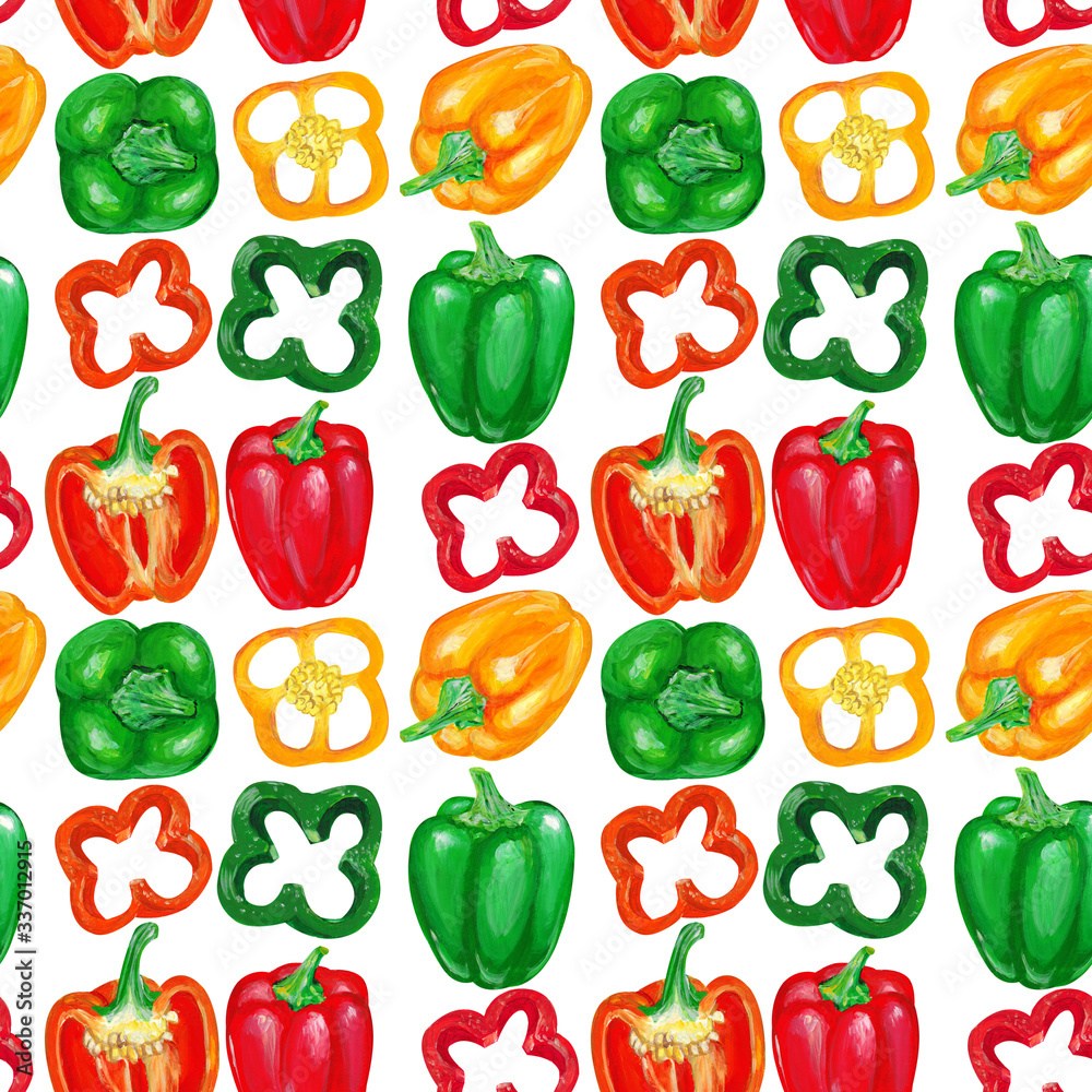 Yellow, red, green bell pepper with half and cut. Seamless pattern. Yellow, red, green bell pepper with half and cut. Seamless pattern.