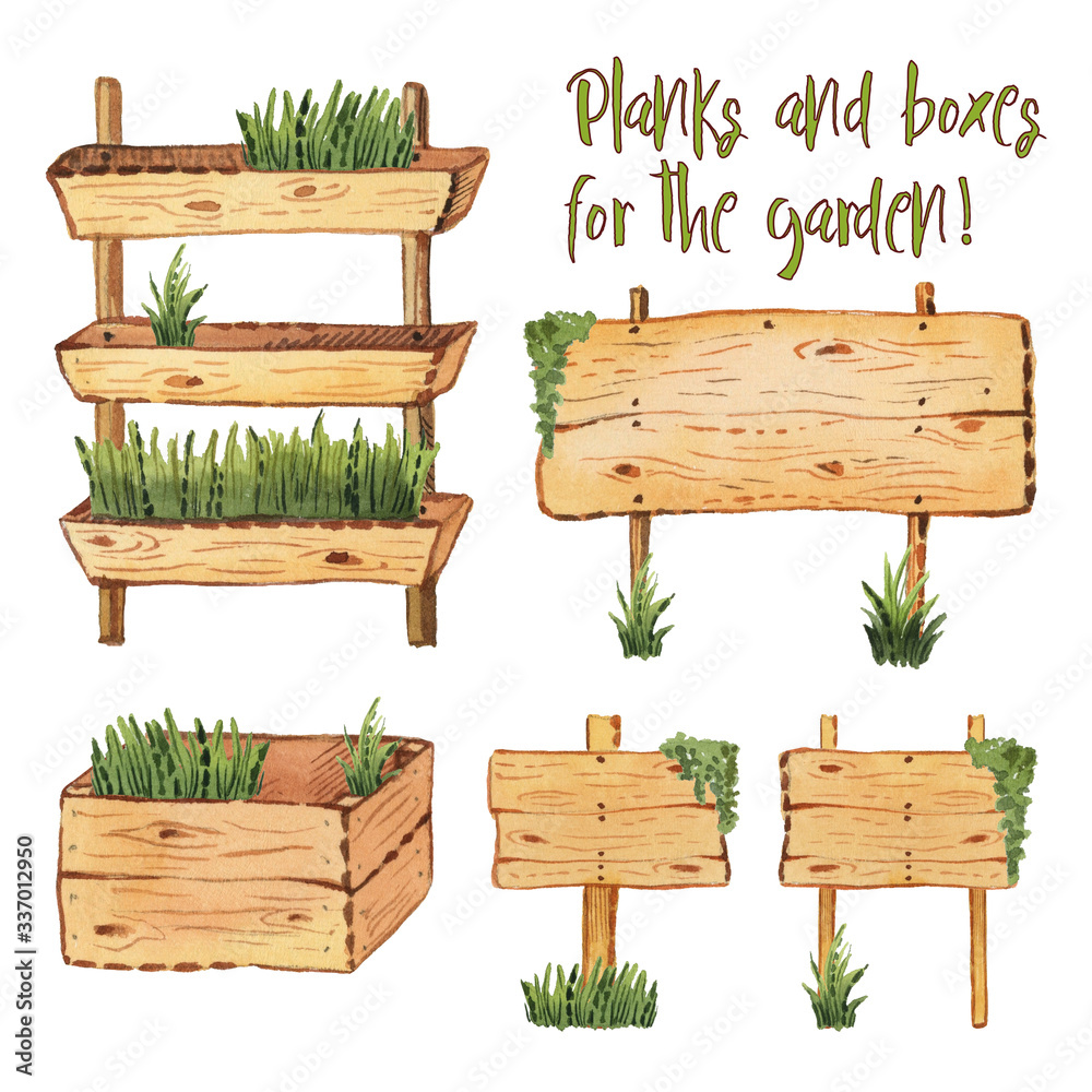 Set with watercolor wooden planks and a drawer. Wooden flowerbed. Set with watercolor wooden planks and a drawer. Wooden flowerbed.