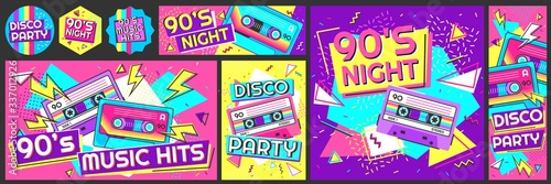 Funky 90s disco party poster. Nineties music hits banner, 90s dancing night invite and retro stereo tape vector illustration set. 90s stereo poster and flyer, music trend dancing photo