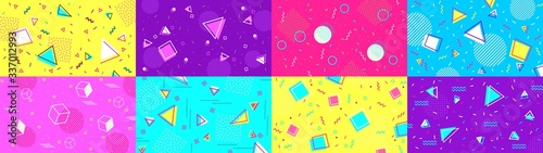 Funky 90s memphis background. Abstract hipster shapes and funky geometric patterns, 1980s pop backdrop vector illustration set. Background fashionable trendy, graphic creative geometric