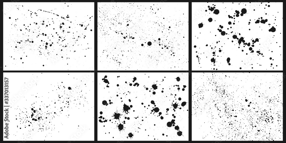 Ink splatter background. Abstract black paint splashes, splashed inks drips and dots stains silhouette vector set. Splash grunge ink, stain on card illustration