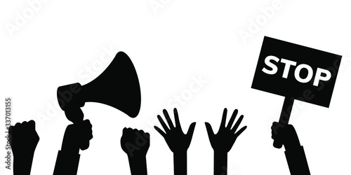 Silhouettes of people hands with banners, a megaphone, dissatisfied during the riot, show their fists, isolated on a white background. Concept of protest. Vector stock illustration.
