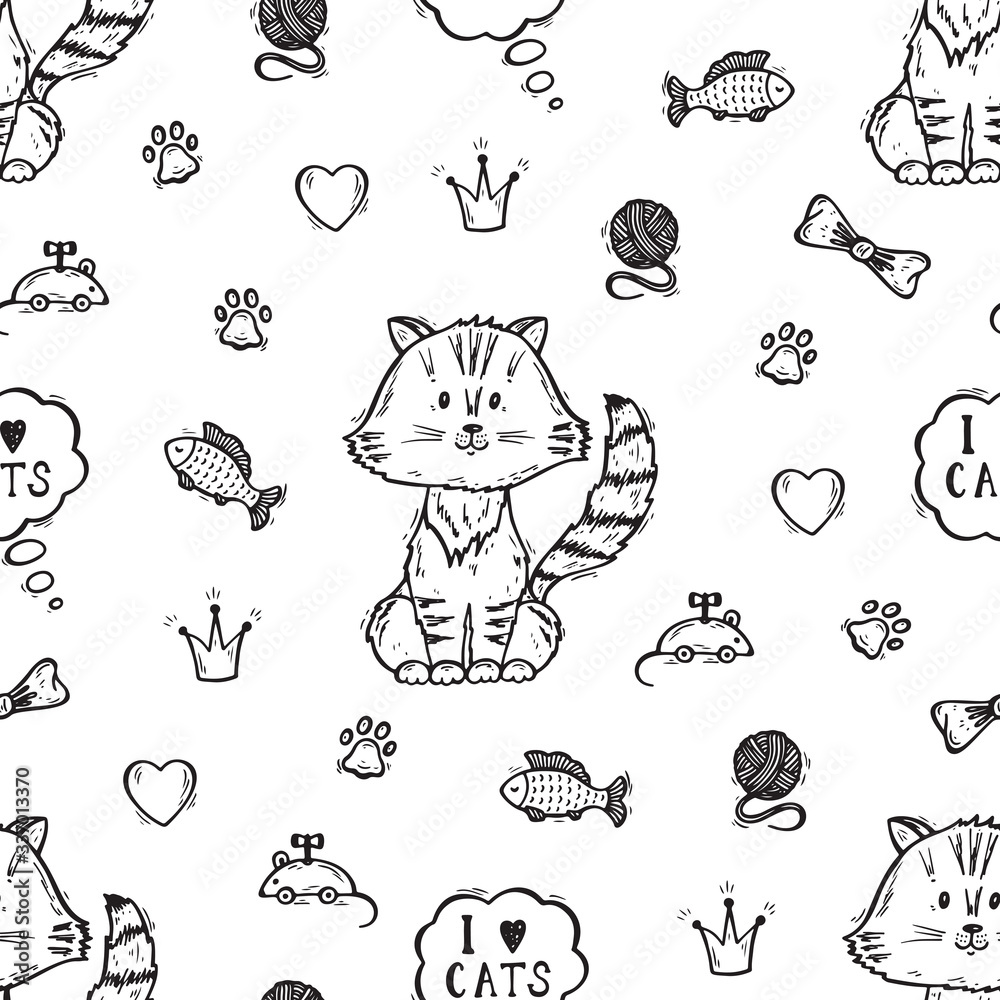 Vector Seamless pattern with Cute Cat and accessories for Pets. I love cats. Hand Drawn Doodle Kitten
