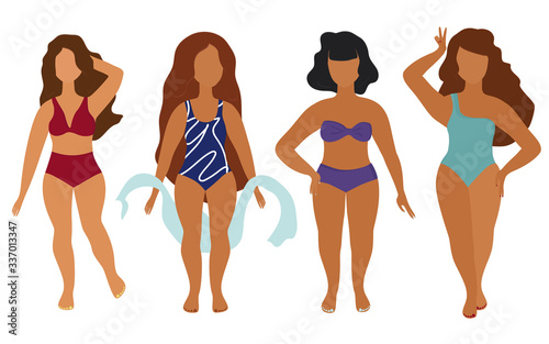 A company of beautiful girls in swimsuits with different types of figures. Body positive.