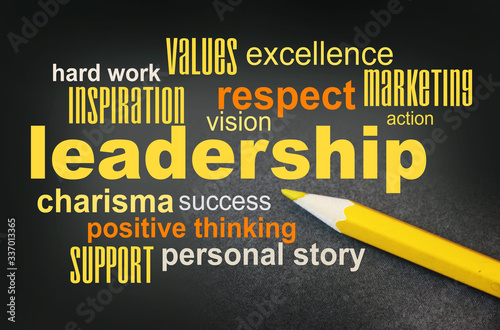 Leadership Word Cloud with yellow pencil besides. Leader teamwork coaching charisma concept photo