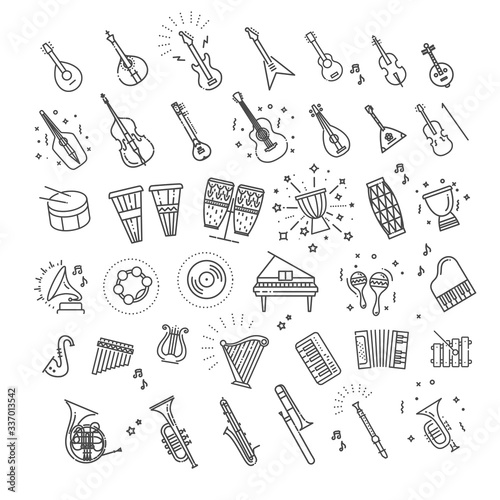 Outline flat vector icons. music classic instruments.