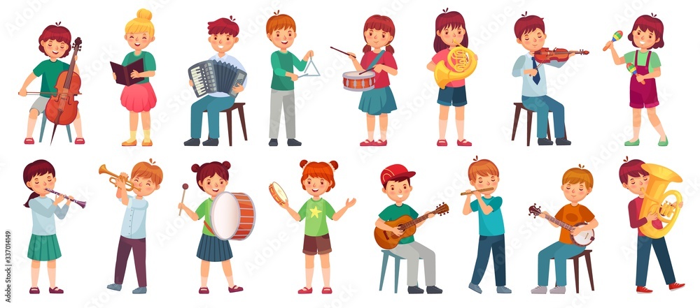 Children orchestra play music. Child playing ukulele guitar, girl sing song and play drum. Kids musicians with music instruments vector illustration set. Kids play maracas , trumpet or tambourine