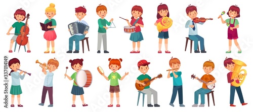 Children orchestra play music. Child playing ukulele guitar, girl sing song and play drum. Kids musicians with music instruments vector illustration set. Kids play maracas , trumpet or tambourine