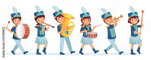 Cartoon kids marching band parade. Child musicians on march, childrens loud playing music instruments cartoon vector illustration. Entertainment parade, performer drum and music band