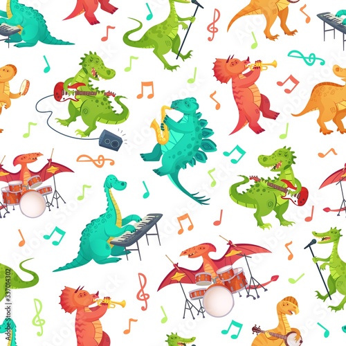 Seamless cartoon music dinosaurs pattern. Dino band, cute dinosaur playing music instruments and rockstar tyrannosaurus vector illustration. Dinosaur rock musician, musical playing guitar