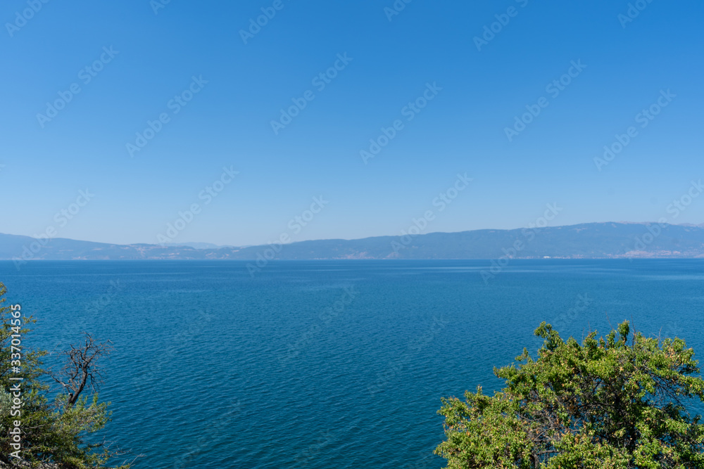 Panoramic view of the horizon over the Lake Ohrid, North Macedonia. UNESCO Natural and cultural heritage. August, 2019