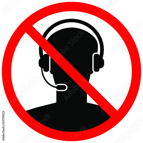 No Dispatcher sign. Crossed out operator in a red circle. Prohibition on dispatcher with headphones symbol isolated. Flat vector illustration.