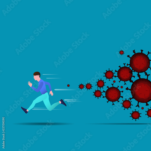 Healthy man in panic runs away from virus