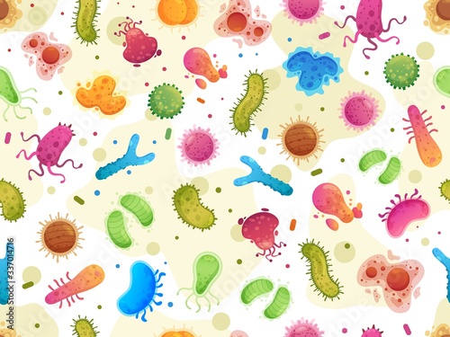 Seamless bacteria pattern. Color germs, microorganism cells microscopic organisms and viruses cartoon vector illustration. Bacteria and bacterium seamless pattern