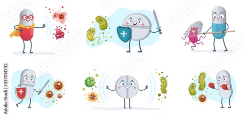 Antibiotic fight bacteria and virus. Strong antibiotics pills with shield protect from bacterias, medical pill vs viruses vector cartoon illustration set. Medical antibiotic character care with shield photo