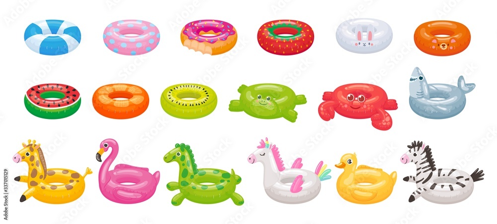 Cartoon swimming ring. Funny flamingo, shark, unicorn and duck floating rings. Summer swimming pool toys vector illustration set. Inflatable summer duck ring, swimming watermelon rubber - obrazy, fototapety, plakaty 