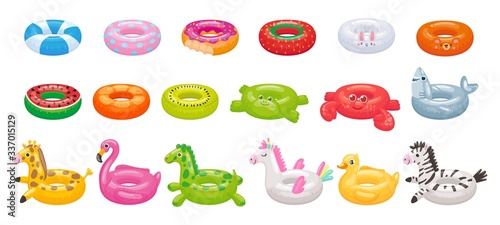 Cartoon swimming ring. Funny flamingo, shark, unicorn and duck floating rings. Summer swimming pool toys vector illustration set. Inflatable summer duck ring, swimming watermelon rubber