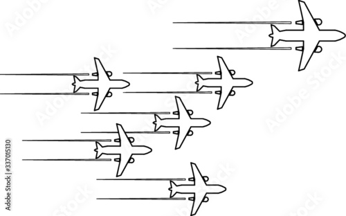 The graphic image of the flying aeroplane was drawn in CAD drawing. Single line drawing in black and white.   
