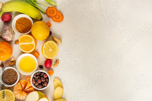 Healthy products to increase immunity. Vegetables and fruits to strengthen the immune system. Top view Copy space. Object in on the left.