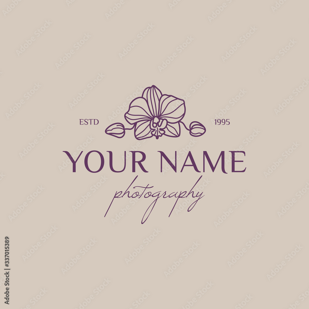 Orchid logo design template in simple minimal linear style. Vector floral emblem and icon for Wedding Photographers.