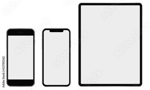 2 mobile phones and 1 tablet with blank displays on white background. Perfect for web design, ui/ux and product presentation. Realistic devices for your design project.