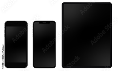 2 smartphones and 1 tablet with realistic screens on white background. Mockup for your design or website. Perfect for web design and ui/ux.