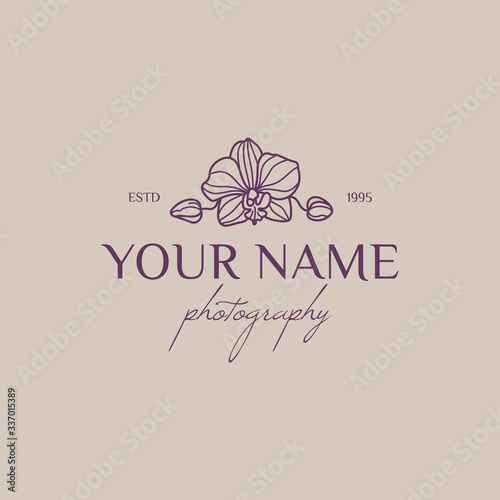 Orchid logo design template in simple minimal linear style. Vector floral emblem and icon for Wedding Photographers.