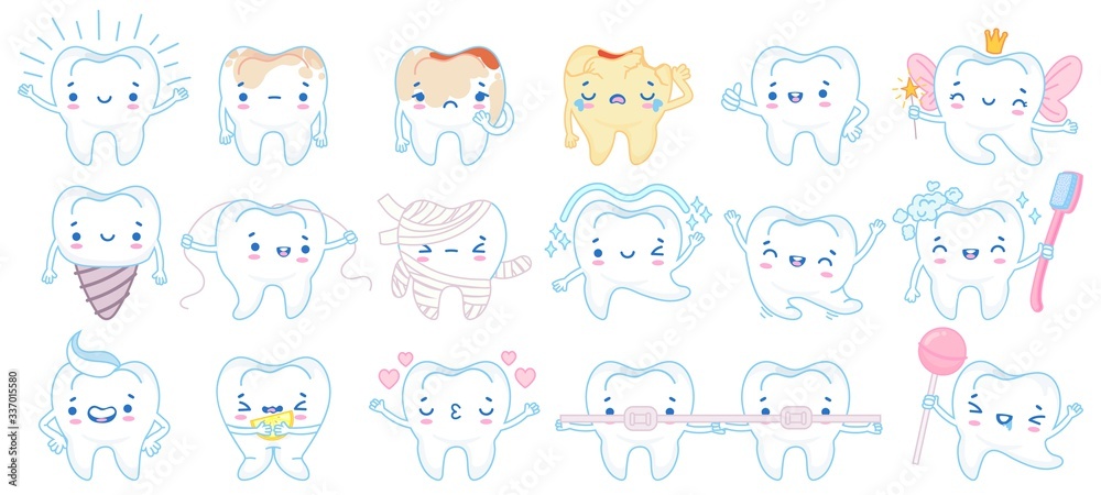 Cartoon tooth mascot. Happy smiling teeth treatment characters, toothpaste and toothbrush. Dental mascots vector illustration set. Toothache cleaning floss, hygiene toothbrush